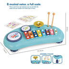 Blue plastic music toy featuring a xylophone, drum pads, mini cymbal, two mallets, and instructional song cards.