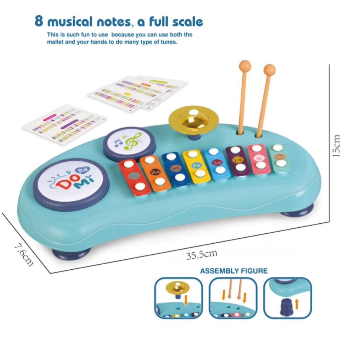 Blue plastic music toy featuring a xylophone, drum pads, mini cymbal, two mallets, and instructional song cards.