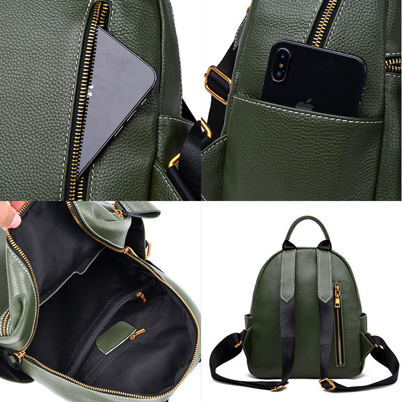 Green pebbled leather backpack with gold zippers, multiple pockets, and adjustable black straps.