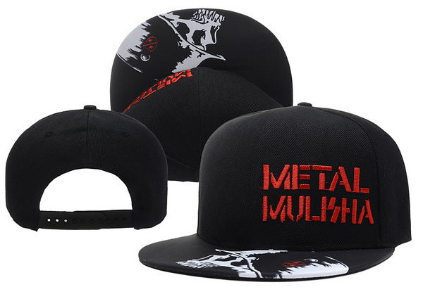 Black snapback hat with "Metal Mulisha" in red embroidery and a white skull graphic on the brim.