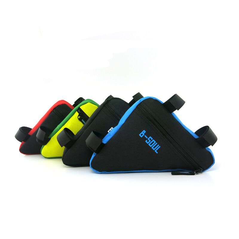 Four triangular, black-and-colored B-Soul bicycle frame bags with zippers and velcro straps for easy attachment.
