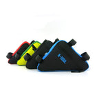 Four triangular, black-and-colored B-Soul bicycle frame bags with zippers and velcro straps for easy attachment.