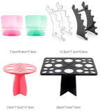 Assorted plastic makeup brush cleaning cups and drying racks in pink, green, clear, and black, with dimensions.