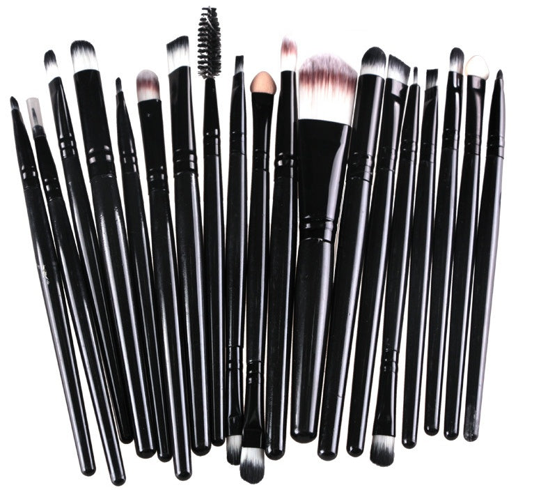 Digitaldistribution375 set: 19 makeup brushes with sleek black handles, diverse synthetic bristles, and silver ferrules.
