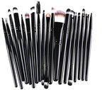 Digitaldistribution375 set: 19 makeup brushes with sleek black handles, diverse synthetic bristles, and silver ferrules.