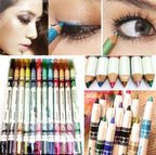 A set of 12 vibrant glitter eyeliner and lip liner pencils with white barrels, shown being applied on eyes.
