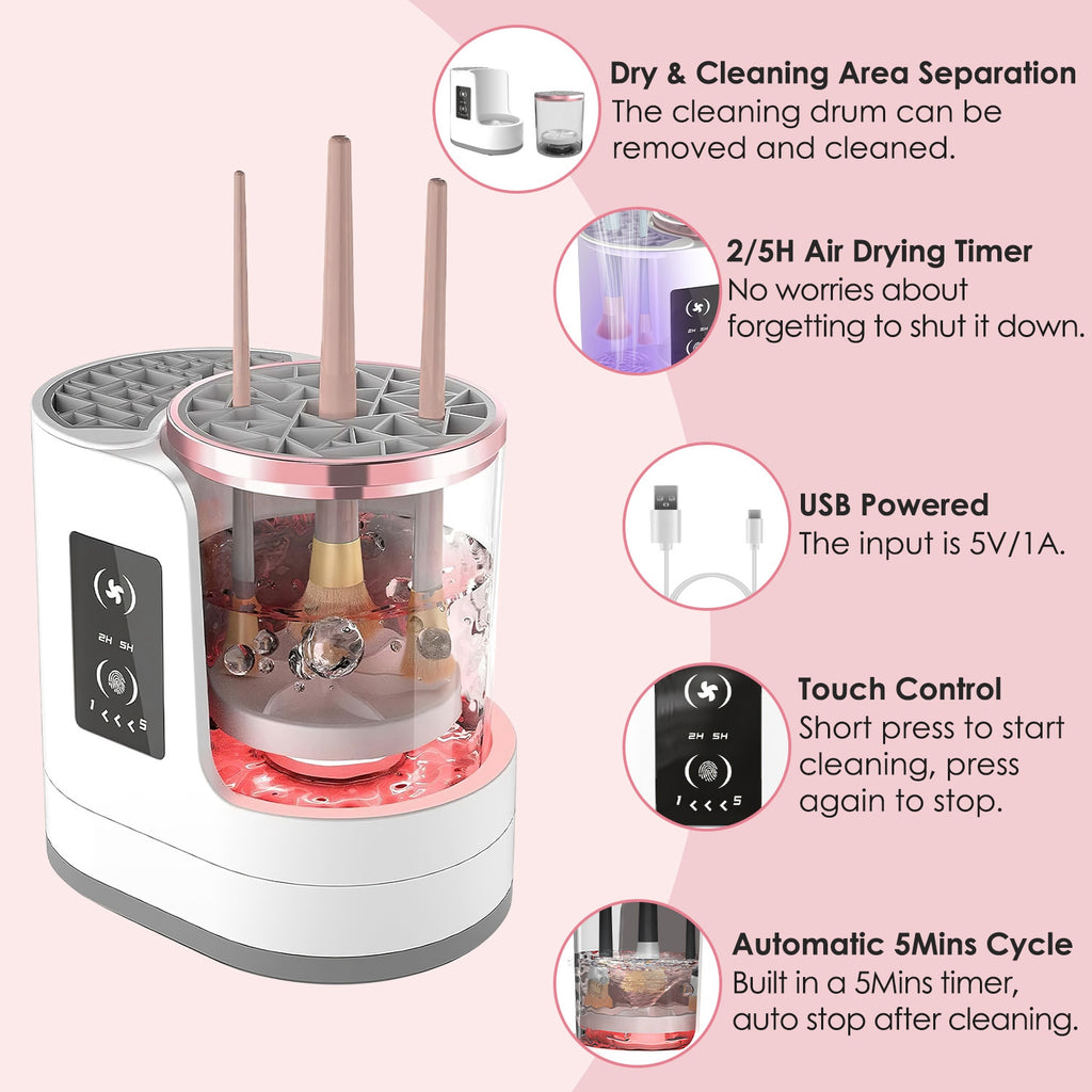 White and rose gold USB electric makeup brush cleaner with digital timer, touch controls, and UV disinfection.