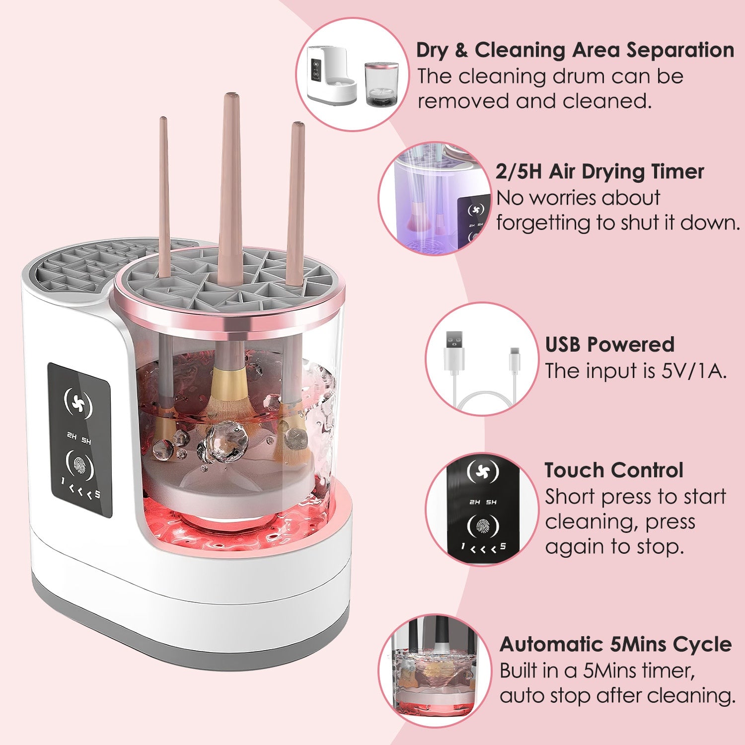 White and rose gold USB electric makeup brush cleaner with digital timer, touch controls, and UV disinfection.