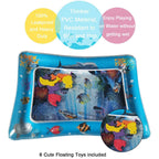 Blue PVC baby water play mat featuring sea life graphics and 6 floating toys. Leakproof, durable, and mess-free.