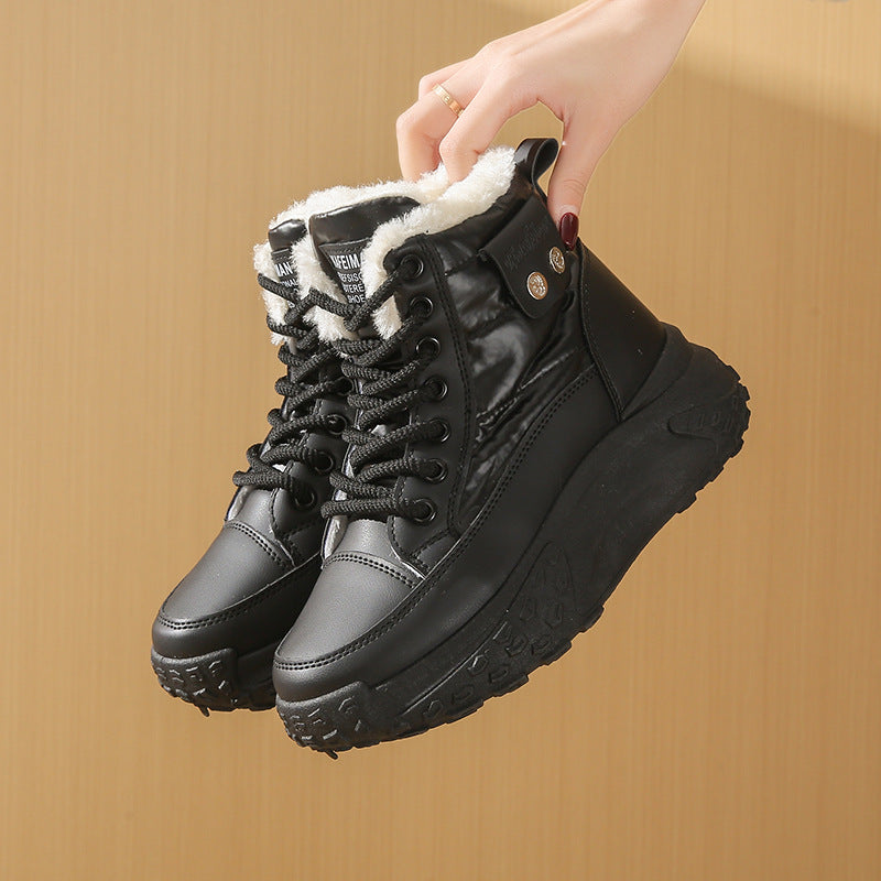 Black windproof high-top boots with white fleece lining, lace-up front, and thick textured platform soles.