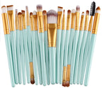 Digitaldistribution375 set: 20 makeup brushes with soft white-tipped bristles, gold ferrules, and light blue handles.