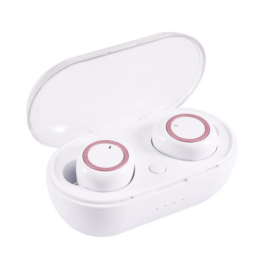 White in-ear wireless headphones with rose gold accents in an open, matching white plastic charging case.