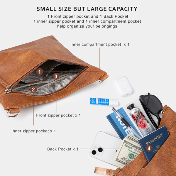 Brown leather-look crossbody bag with diagram labeling inner pockets, zippers, and interior capacity.