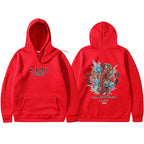 Red hooded sweatshirt with front pouch pocket. Features Ukiyoe-style koi fish and Japanese text prints.