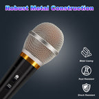 Handheld black dynamic microphone with a silver mesh grille, gold ring, and on/off switch on a dark background.