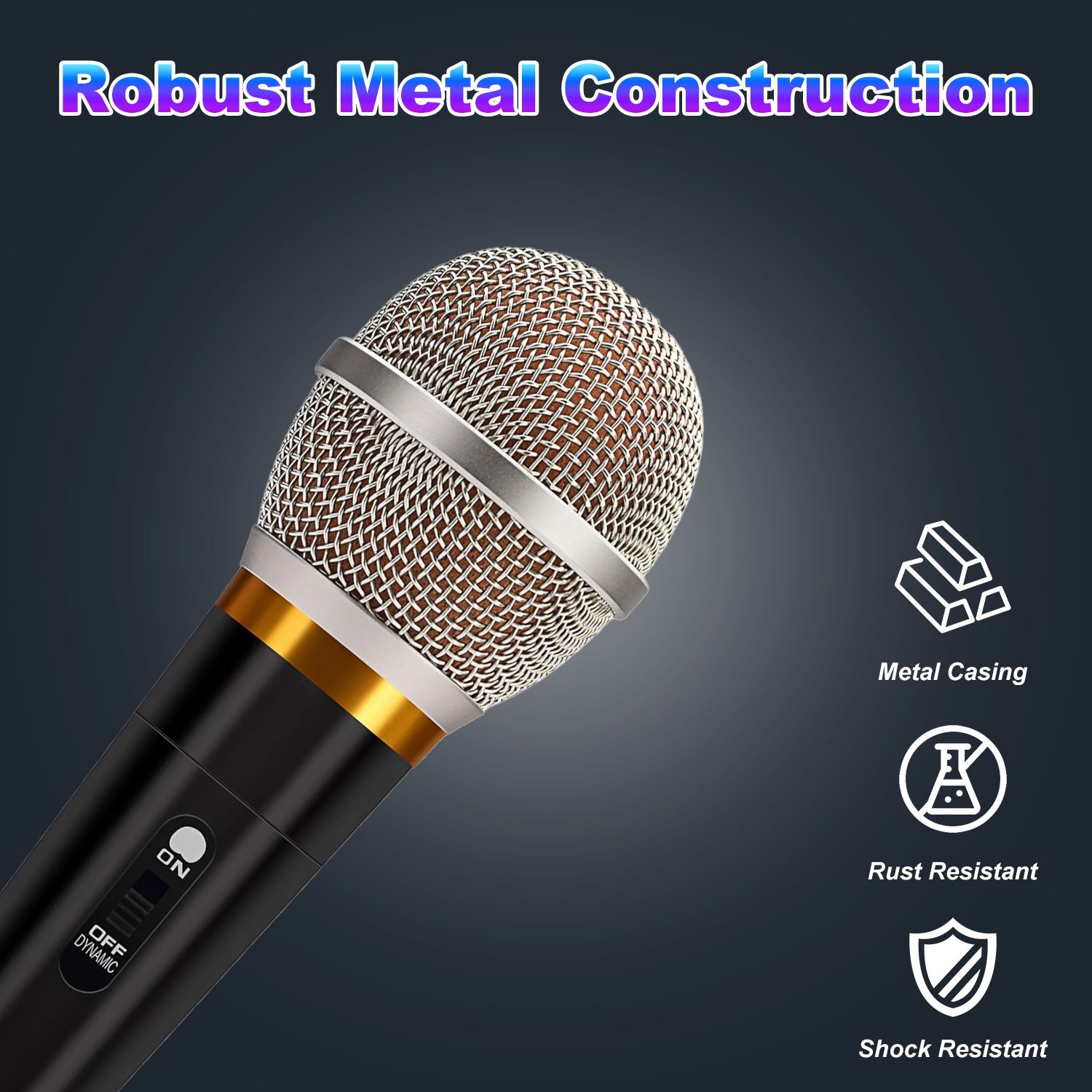 Handheld black dynamic microphone with a silver mesh grille, gold ring, and on/off switch on a dark background.