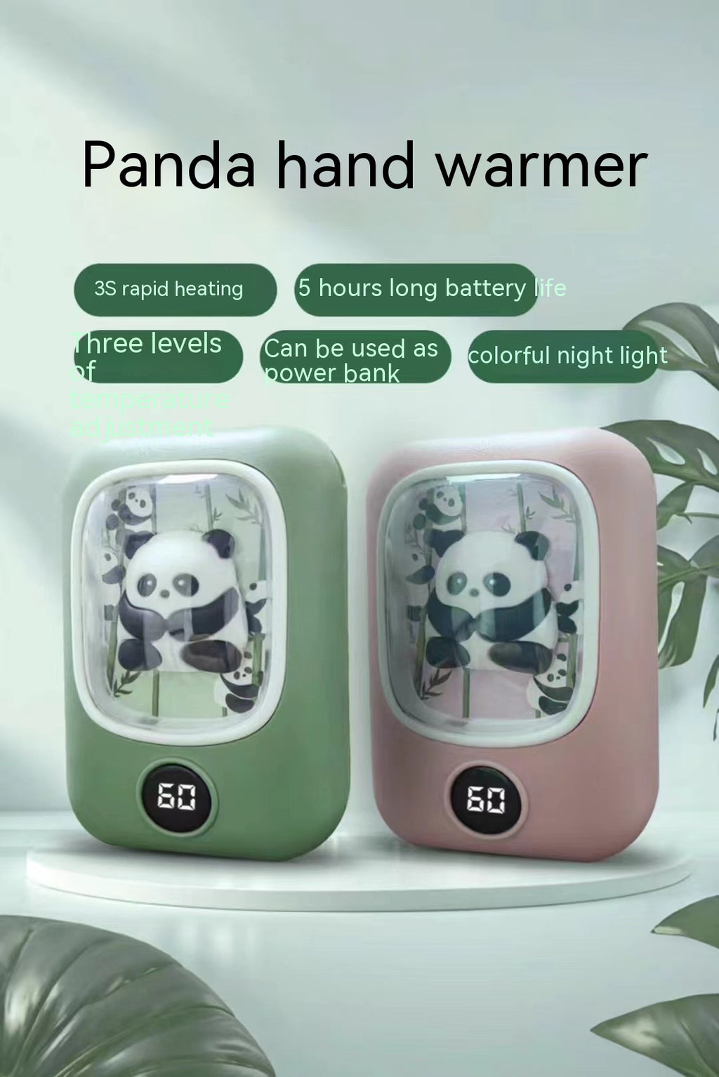 Green and pink rechargeable panda-themed hand warmers with digital temperature displays and integrated night lights.