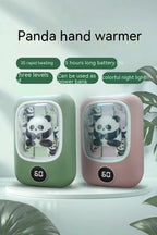 Green and pink rechargeable panda-themed hand warmers with digital temperature displays and integrated night lights.