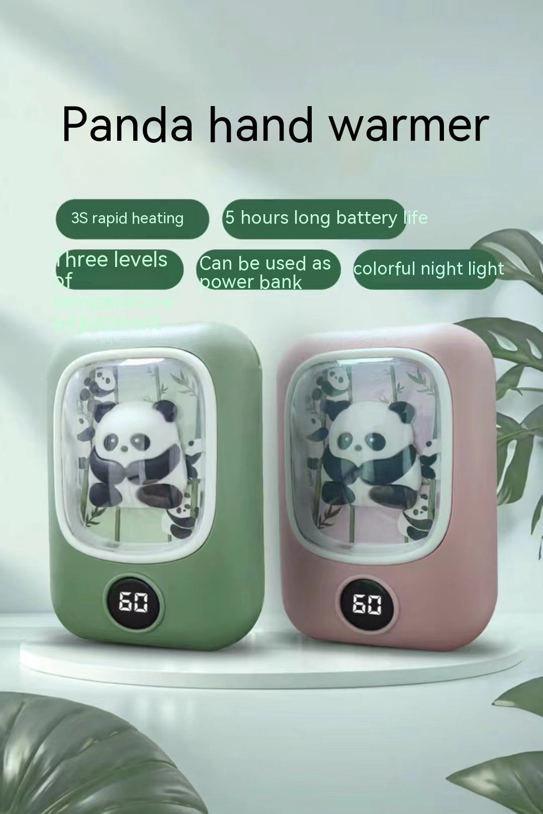 Green and pink rechargeable panda-themed hand warmers with digital temperature displays and integrated night lights.
