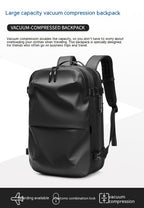 Minimalist black water-resistant travel backpack featuring vacuum compression, large capacity, and a built-in TSA lock.