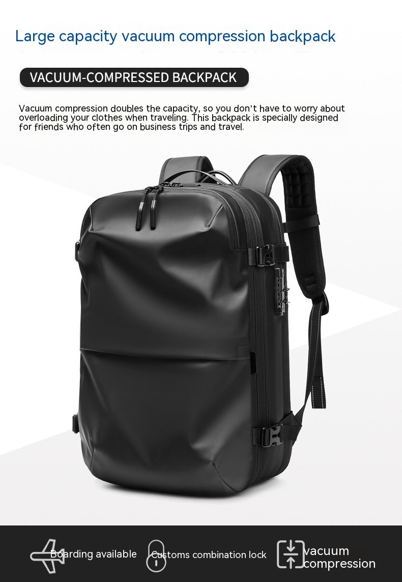 Minimalist black water-resistant travel backpack featuring vacuum compression, large capacity, and a built-in TSA lock.