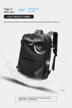 Minimalist black multifunctional travel backpack with lightweight, waterproof-style fabric and padded straps.
