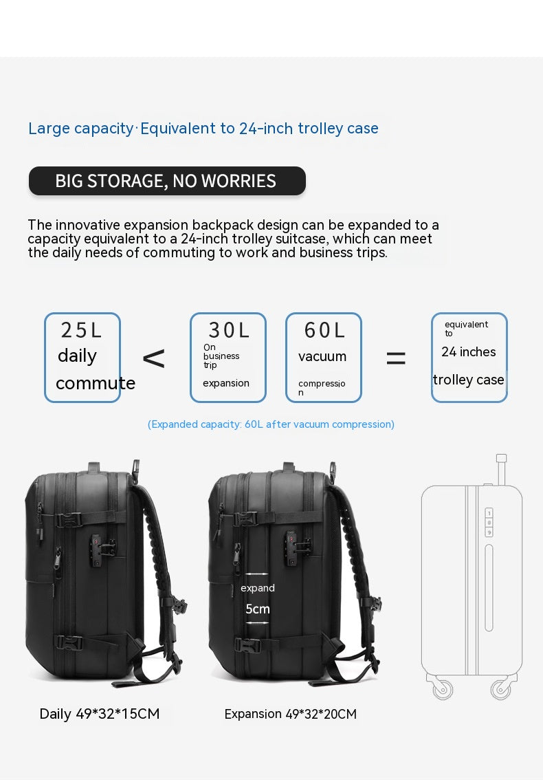 Black, minimalist multifunctional travel backpack showing expandable 25L to 60L capacity compared to a trolley suitcase.