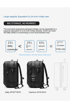 Black, minimalist multifunctional travel backpack showing expandable 25L to 60L capacity compared to a trolley suitcase.