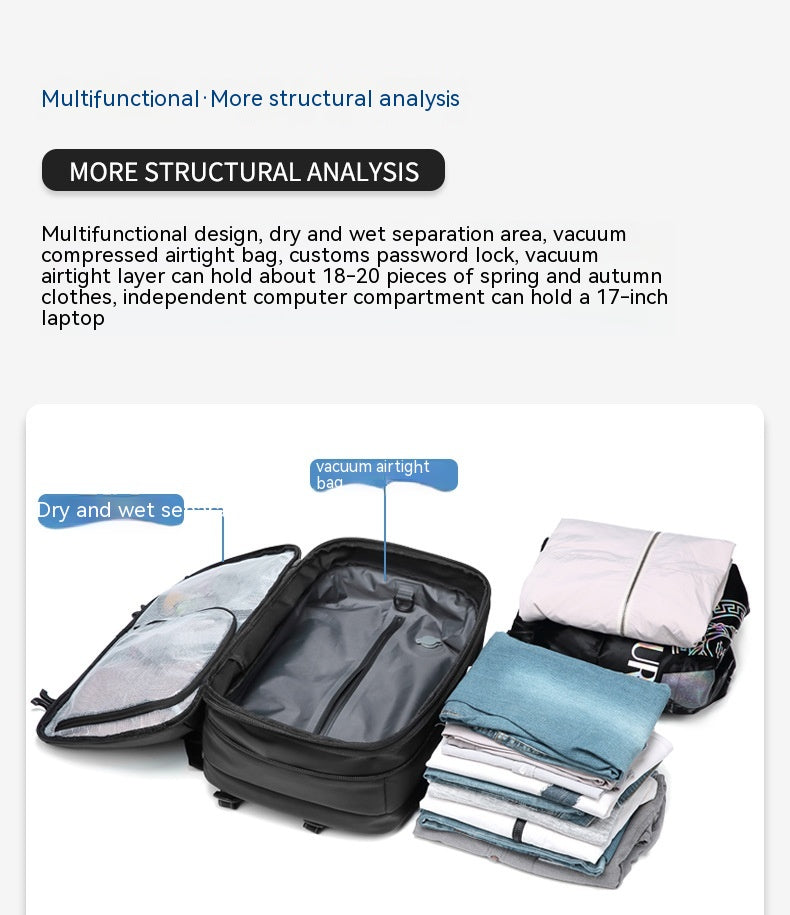 Black minimalist travel backpack showing interior compartments, vacuum storage, and dry/wet separation zones.