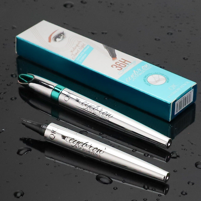 Two silver QIC four-prong liquid eyebrow pens and their teal and white box on a black surface with water droplets.