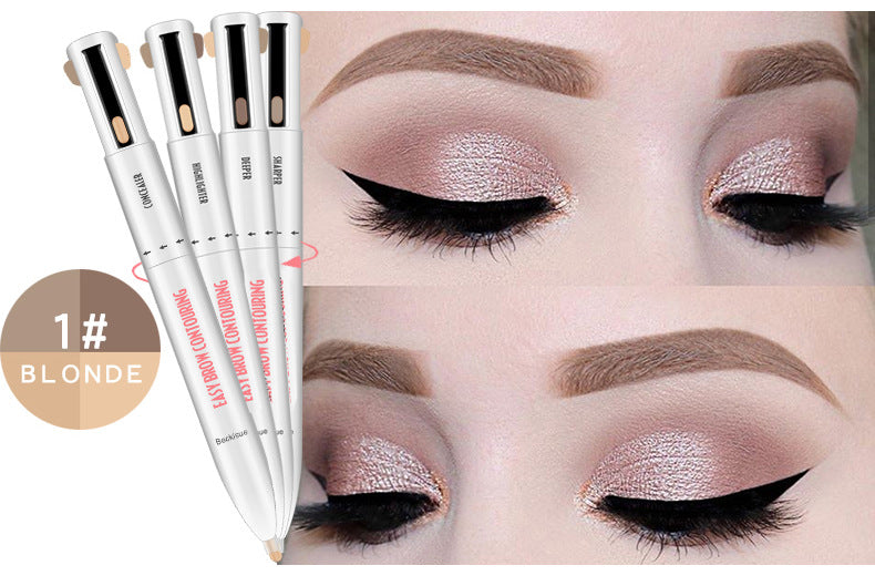 Three white multi-functional eyebrow contouring pens with "Blonde" shade label shown next to a woman’s made-up eyes.