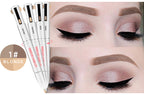 Three white multi-functional eyebrow contouring pens with "Blonde" shade label shown next to a woman’s made-up eyes.