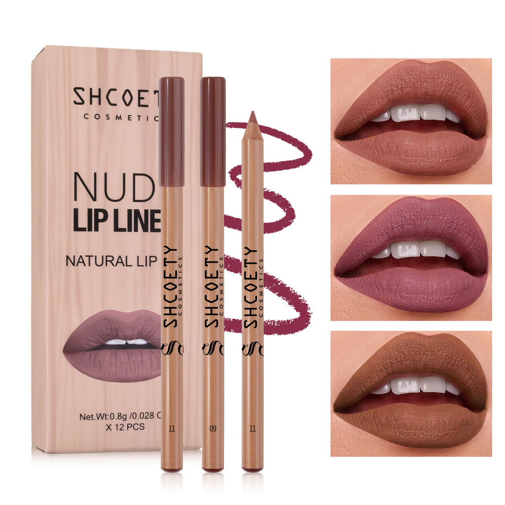 SHCOETY nude lip liner set with three wood-cased pencils and box, showing matte lipstick swatches on lips.