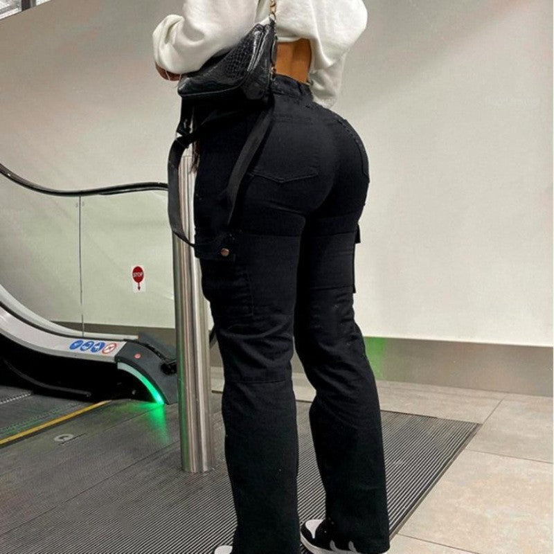 Black high-waisted cargo pants for women, featuring a fitted stretch design with multiple utility pockets.