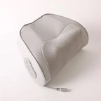 Light gray back massager pillow with mesh fabric center, side control buttons, and power cord on white background.