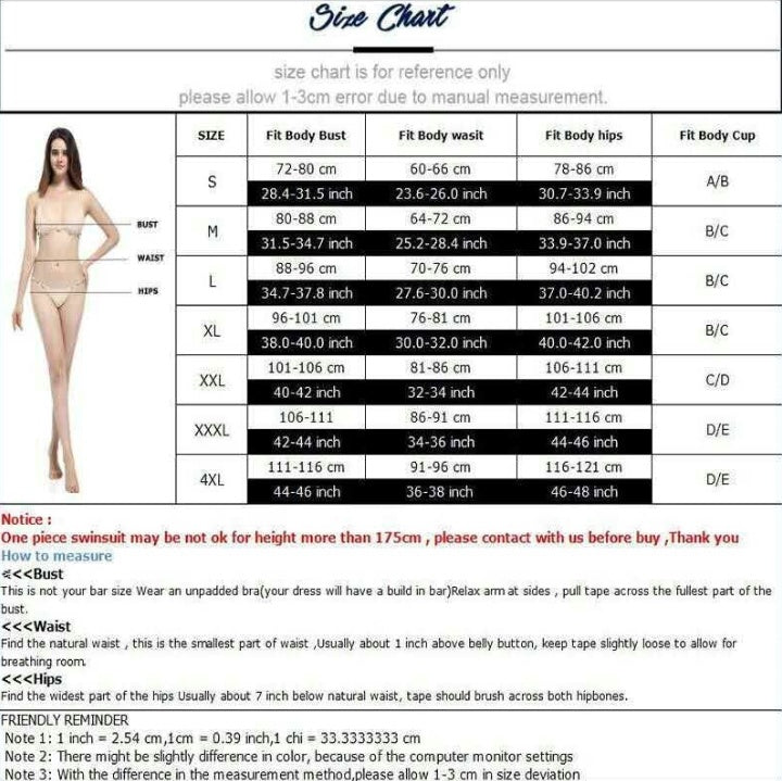 Size chart for a women's swimsuit featuring a model illustration, measurement table for sizes S to 4XL, and instructions.