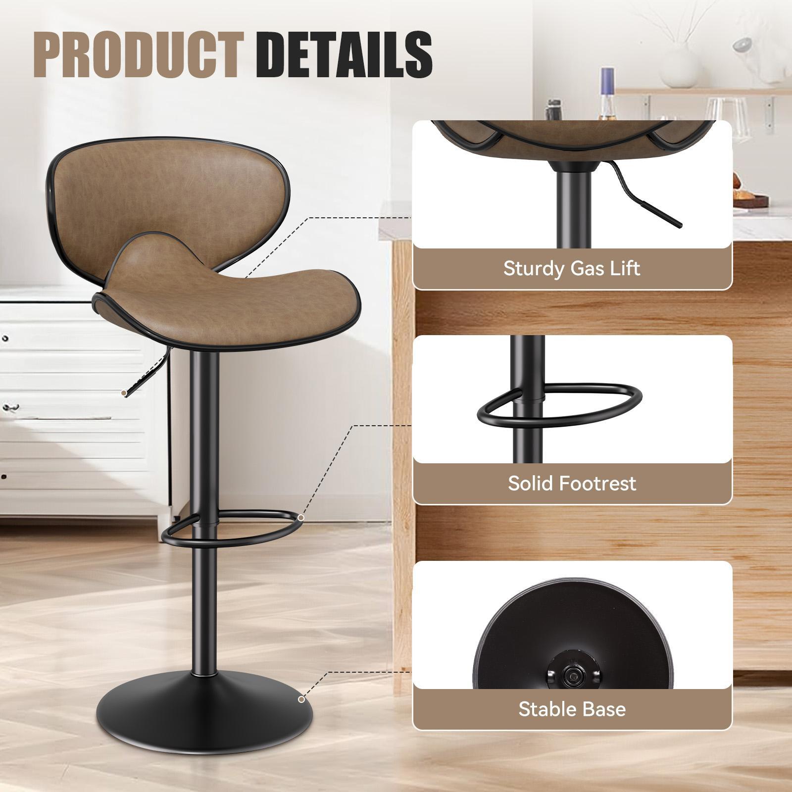 Brown leatherette bar stool with black metal base, gas lift, footrest, and modern, ergonomic curved seat design.