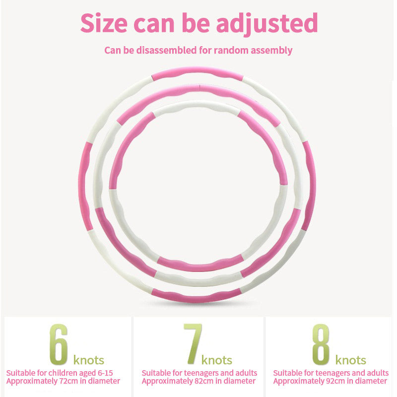 Three adjustable pink and white hula hoops of varying sizes, shown as 6, 7, and 8 detachable knot configurations.