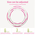 Three adjustable pink and white hula hoops of varying sizes, shown as 6, 7, and 8 detachable knot configurations.