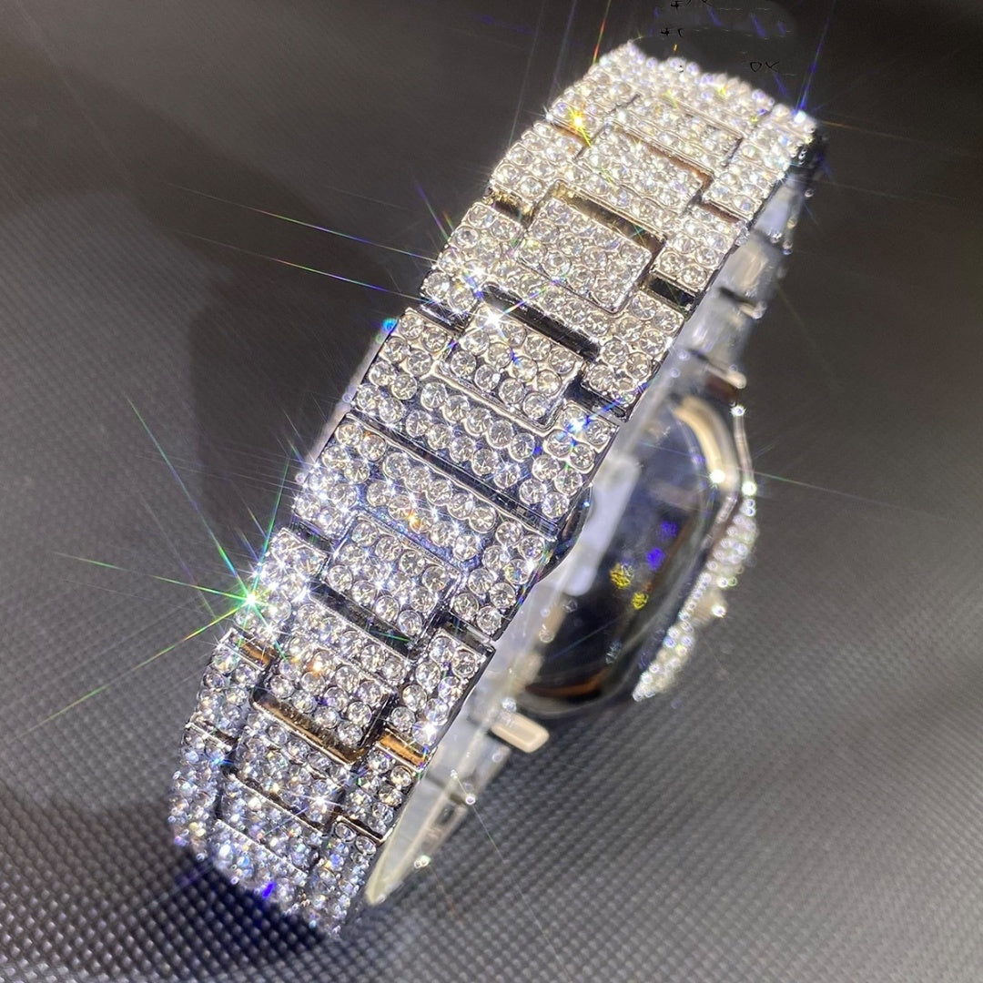 Iced-out men’s hip-hop watch with a square face and full crystal-encrusted silver-tone metal link band.