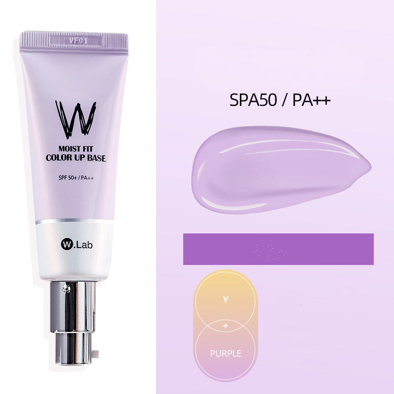 W.Lab purple moist fit color up base tube with SPF 50+/PA++ and a creamy purple swatch on a light purple background.