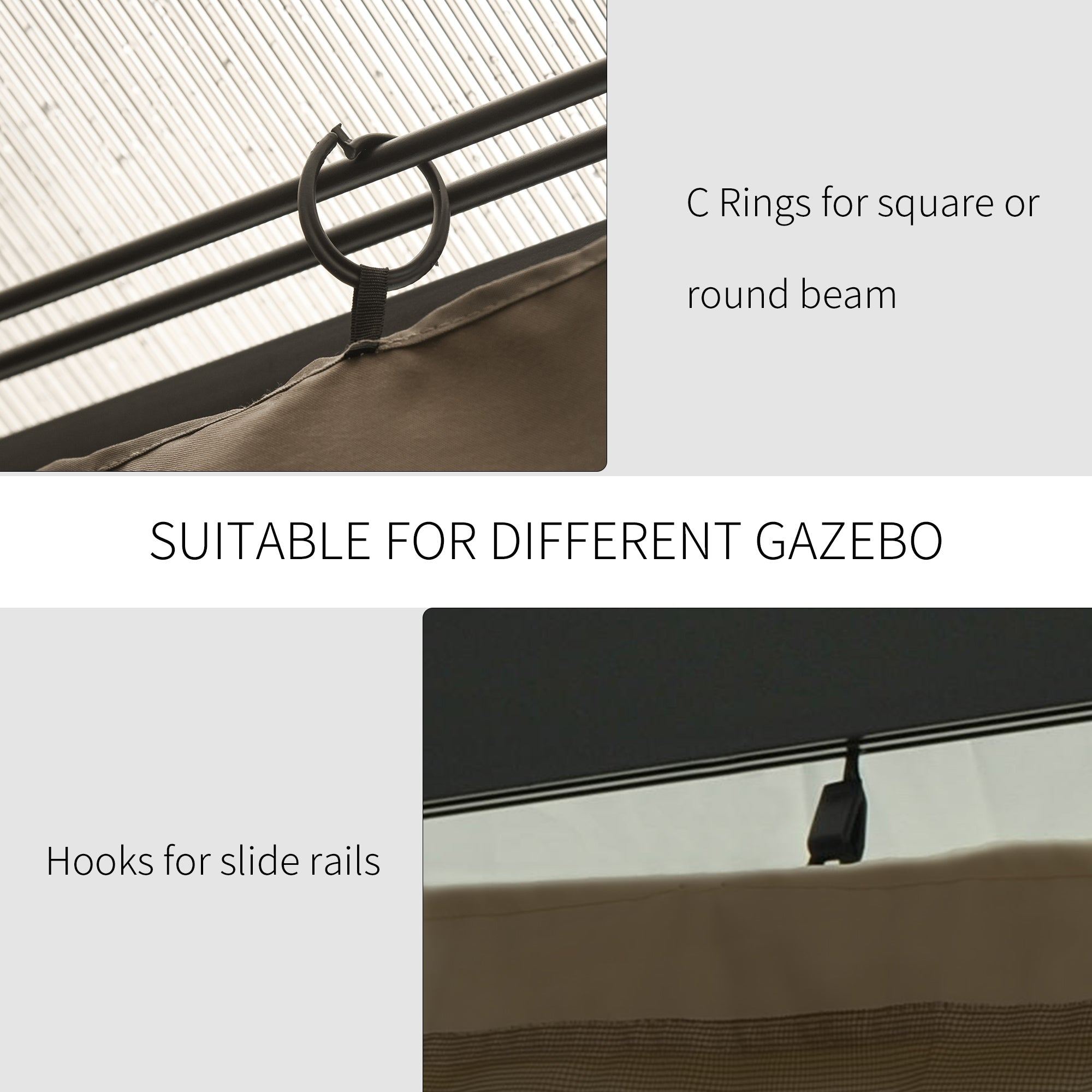 Brown gazebo sidewall set featuring C-rings for beams and hooks for slide rails, designed for versatile installation.