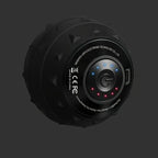 Black, textured vibration massage ball with a central power button, LED indicators, and USB port for muscle recovery.