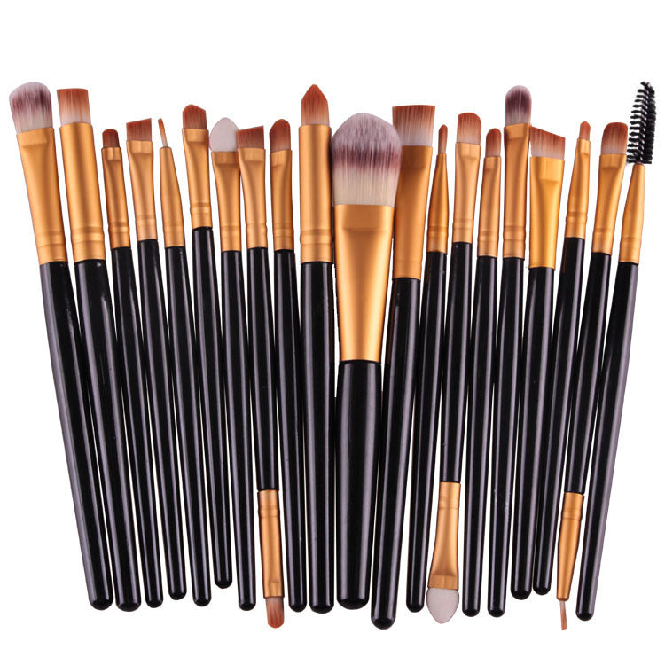A set of Digitaldistribution375 makeup brushes with black handles, gold ferrules, and soft, multi-textured bristles.