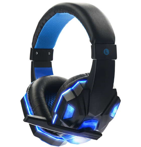Digitaldistribution375 black gaming headphones with blue LED accents, leather ear cushions, and an integrated mic.