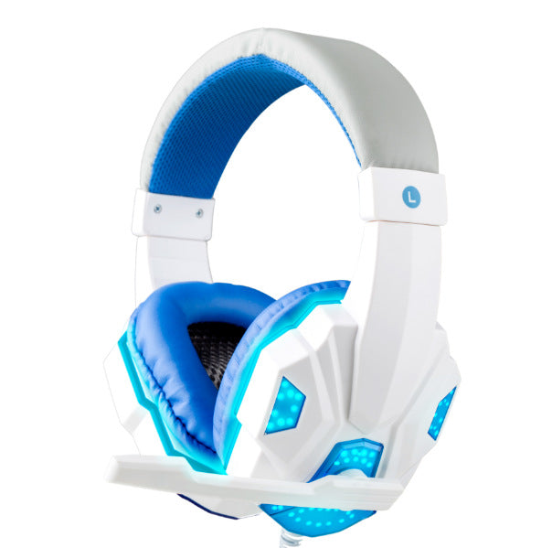 Digitaldistribution375 white and blue gaming headset with plush ear cushions, integrated microphone, and LED lighting.