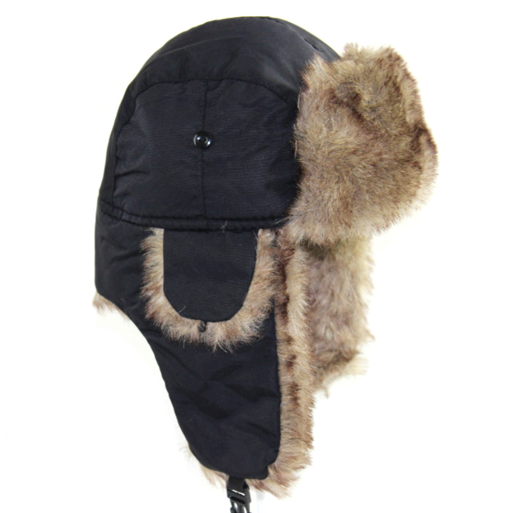 Black waterproof trapper hat with faux fur trim, ear flaps, and an adjustable chin strap against a white background.