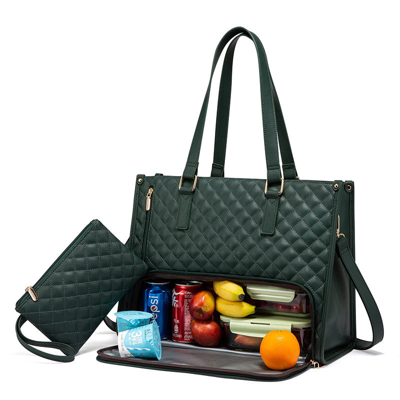 Green quilted lunch tote with top handles, crossbody strap, and matching purse. Base compartment holds food and drinks.