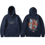 Navy blue hoodie with front/back views. Back features a colorful Japanese koi fish ukiyoe print and text.