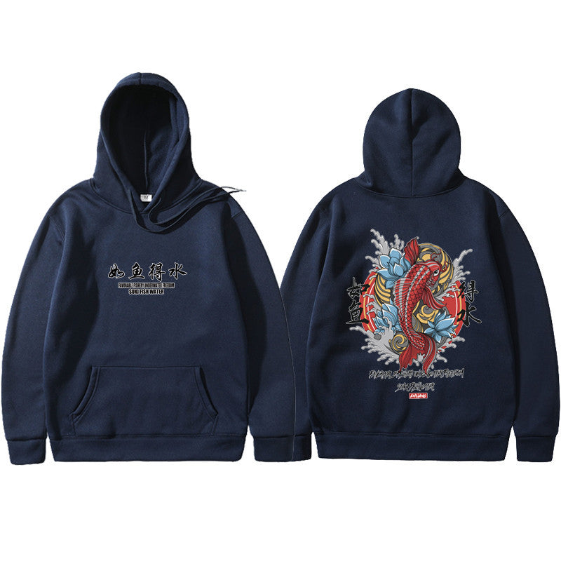 Navy blue hoodie with front/back views. Back features a colorful Japanese koi fish ukiyoe print and text.